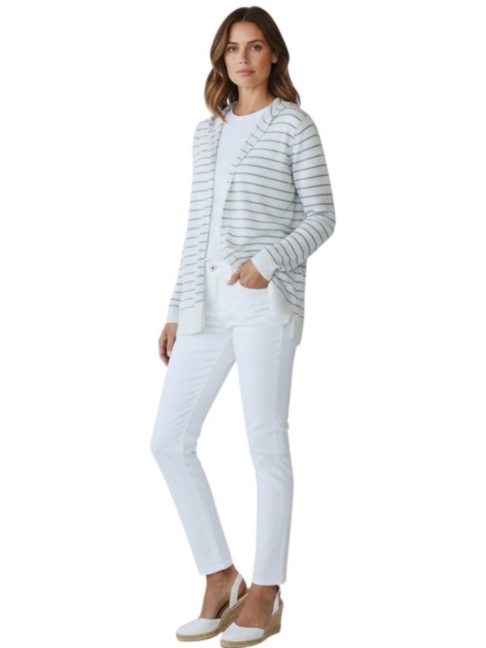 Cynthia Rowley Open Front White & Blue Striped Linen Blend Cardigan w/Hood 1X